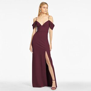 NWT SACHIN + BABI Brittany Gown in Deep Wine Off-Shoulder Crepe Maroon Merlot 0